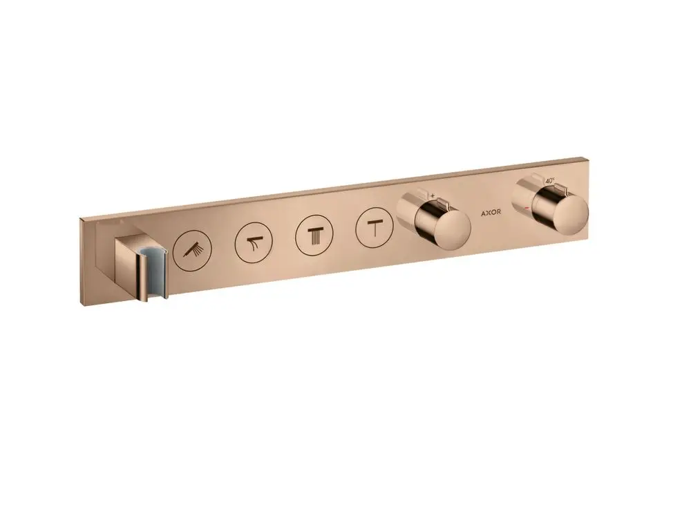 Thermostatmodul mit mehreren Bedienknöpfen zur Steuerung von vier Verbrauchern. Die Oberfläche ist in Polished Red Gold gehalten und trägt die Marke AXOR.